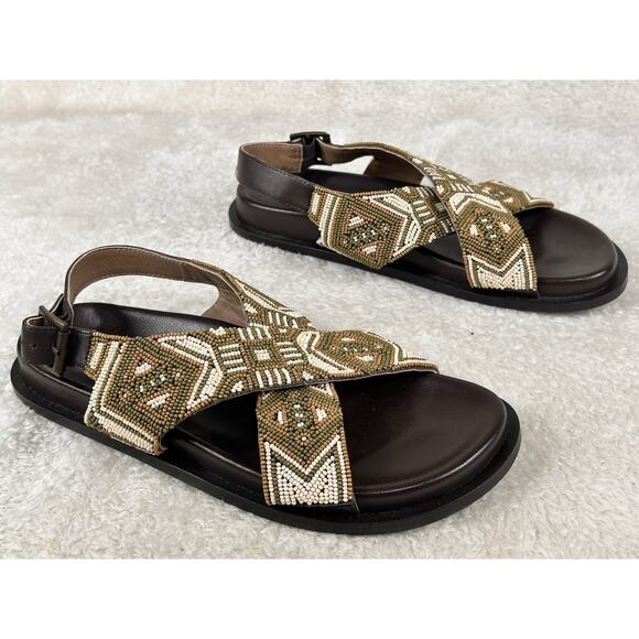 Free People Sandals Women's Sz 8 Brown Leather Beaded Boho Flats Slides - Picture 3 of 6